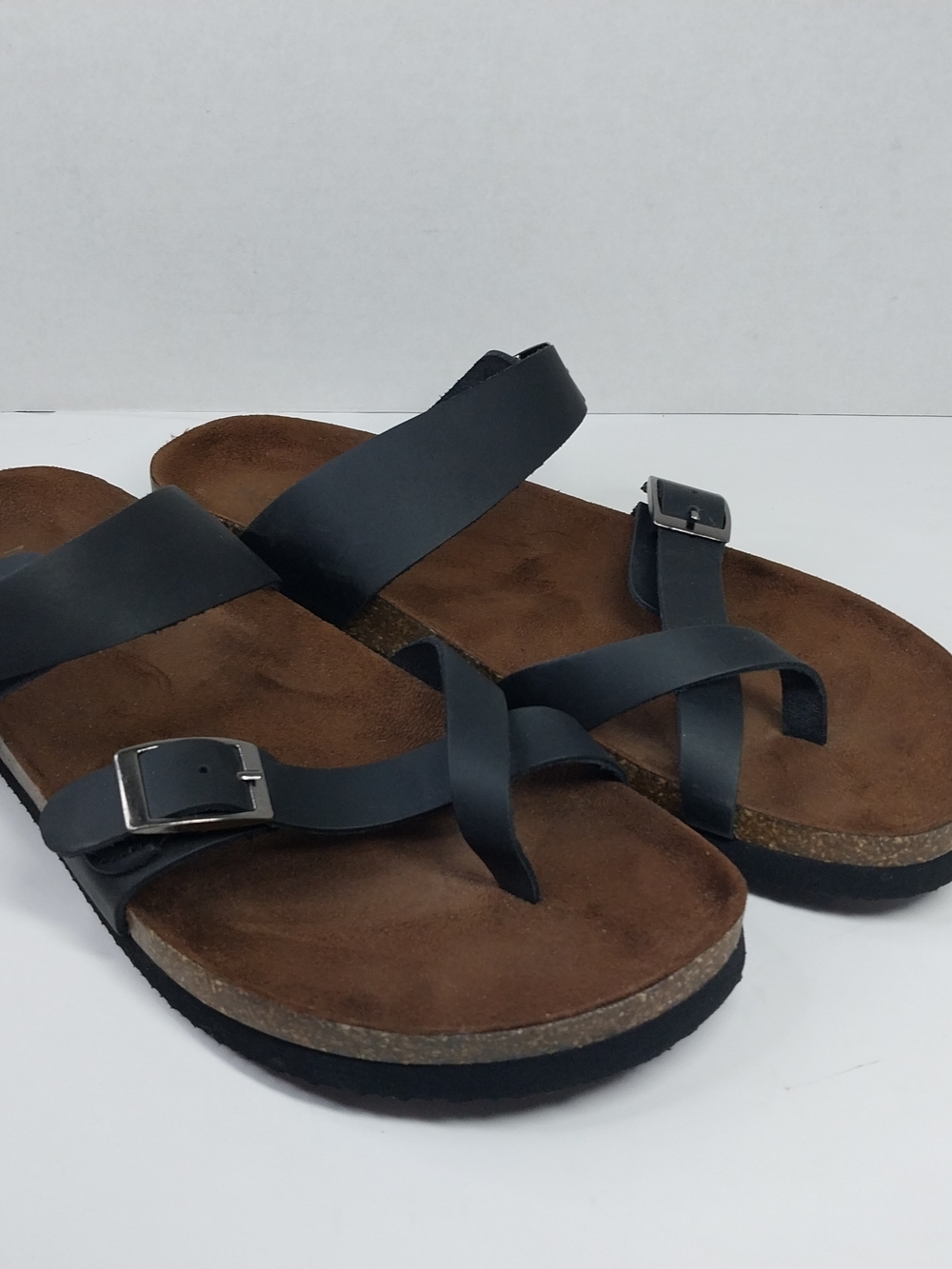 Mountain Sole Adjustable Sandals Size 10 Black Leather Cork Boho Buckle Shoes